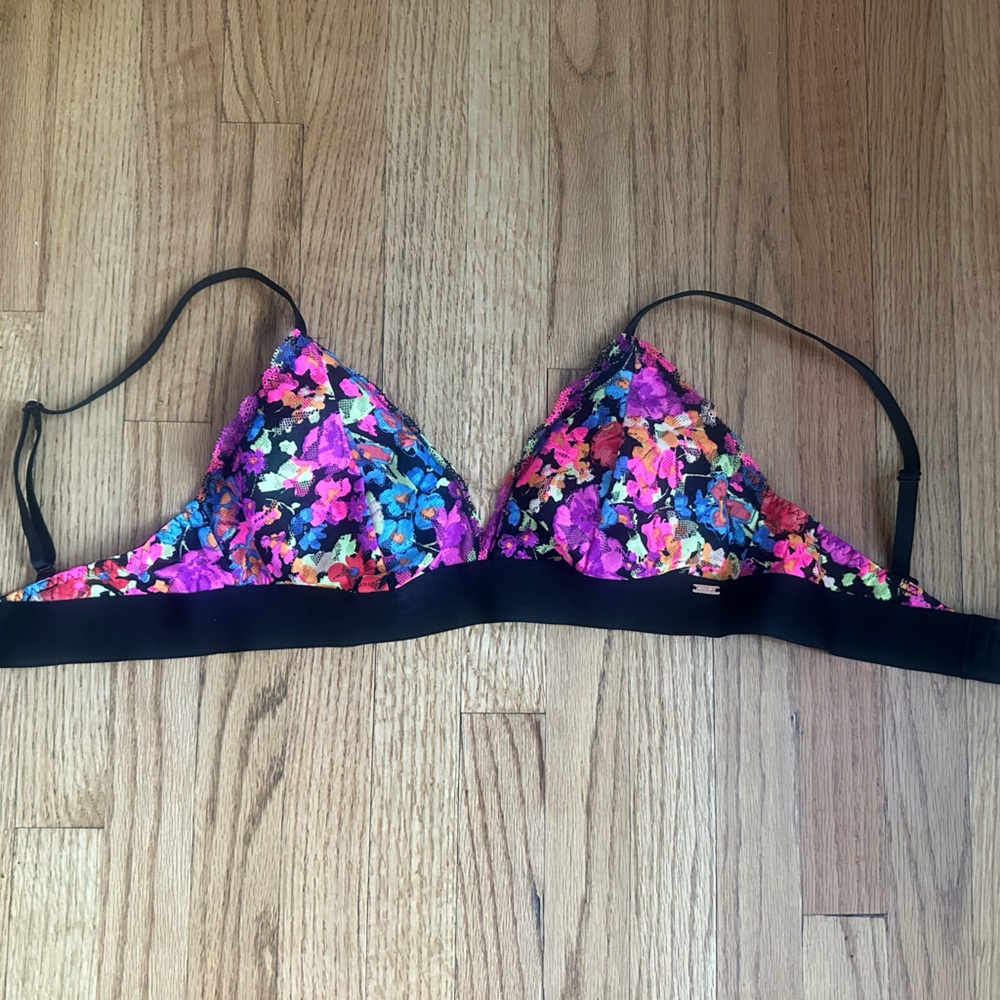 Victoria's Secret Black and Multicolor Floral Bikini Top